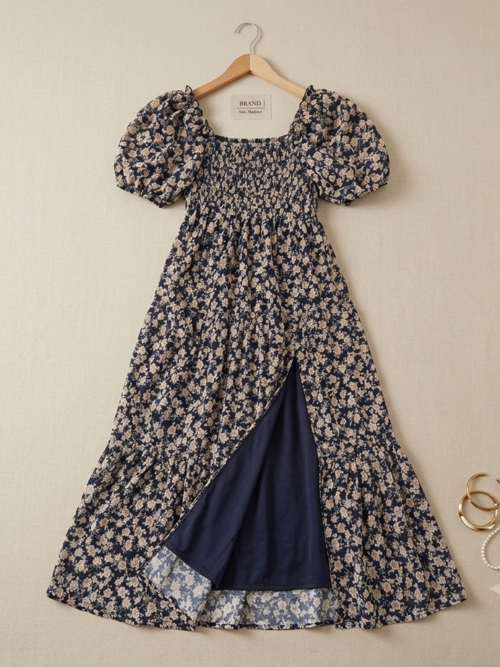 Altar'd State Navy Floral Smocked Maxi Dress with Puff Sleeves